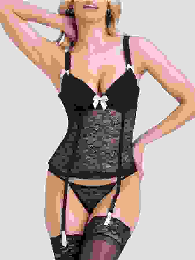 Lovehoney Black Lace Push-Up Basque Set, Black, hi-res